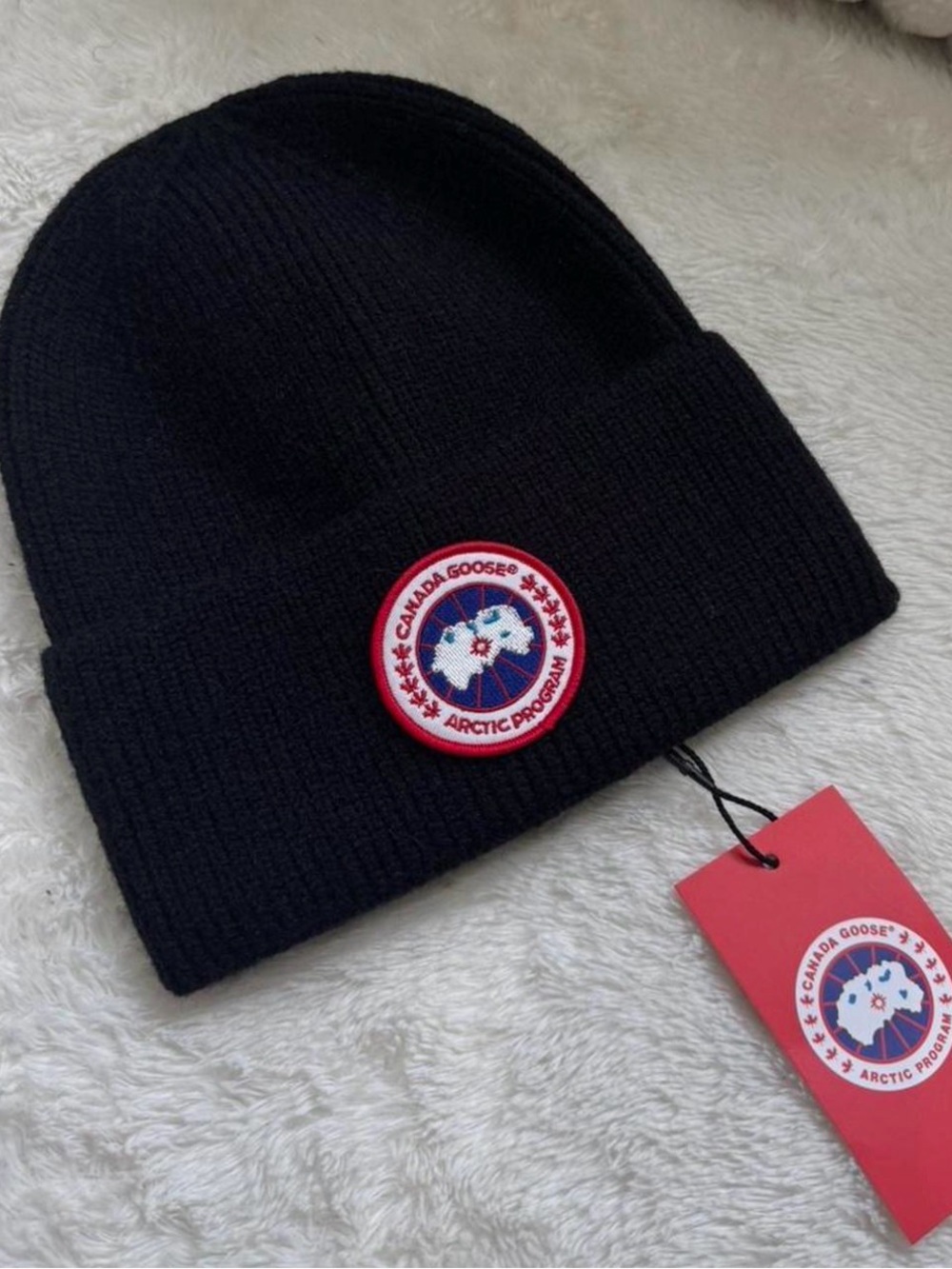 Canada Goose Black Knit Beanie with Red Logo Patch